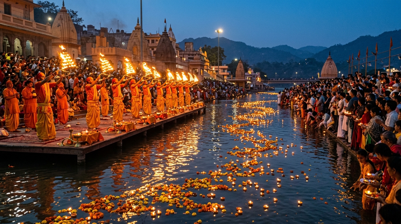Sacred Ganga Aarti ceremony at Triveni Ghat Rishikesh