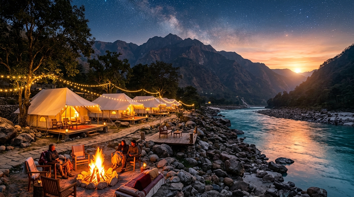 Luxury Swiss tent camping by the riverside in Rishikesh