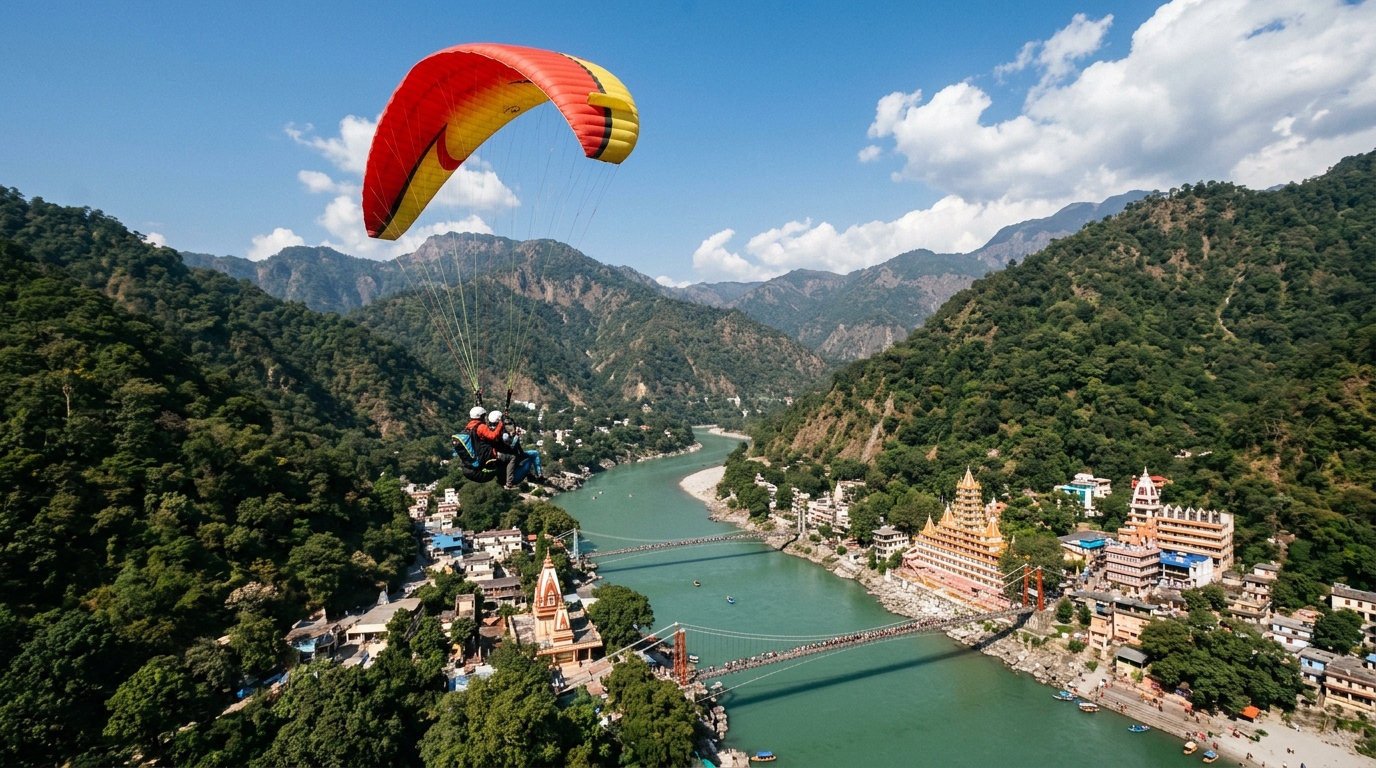 Tandem paragliding over Rishikesh valley